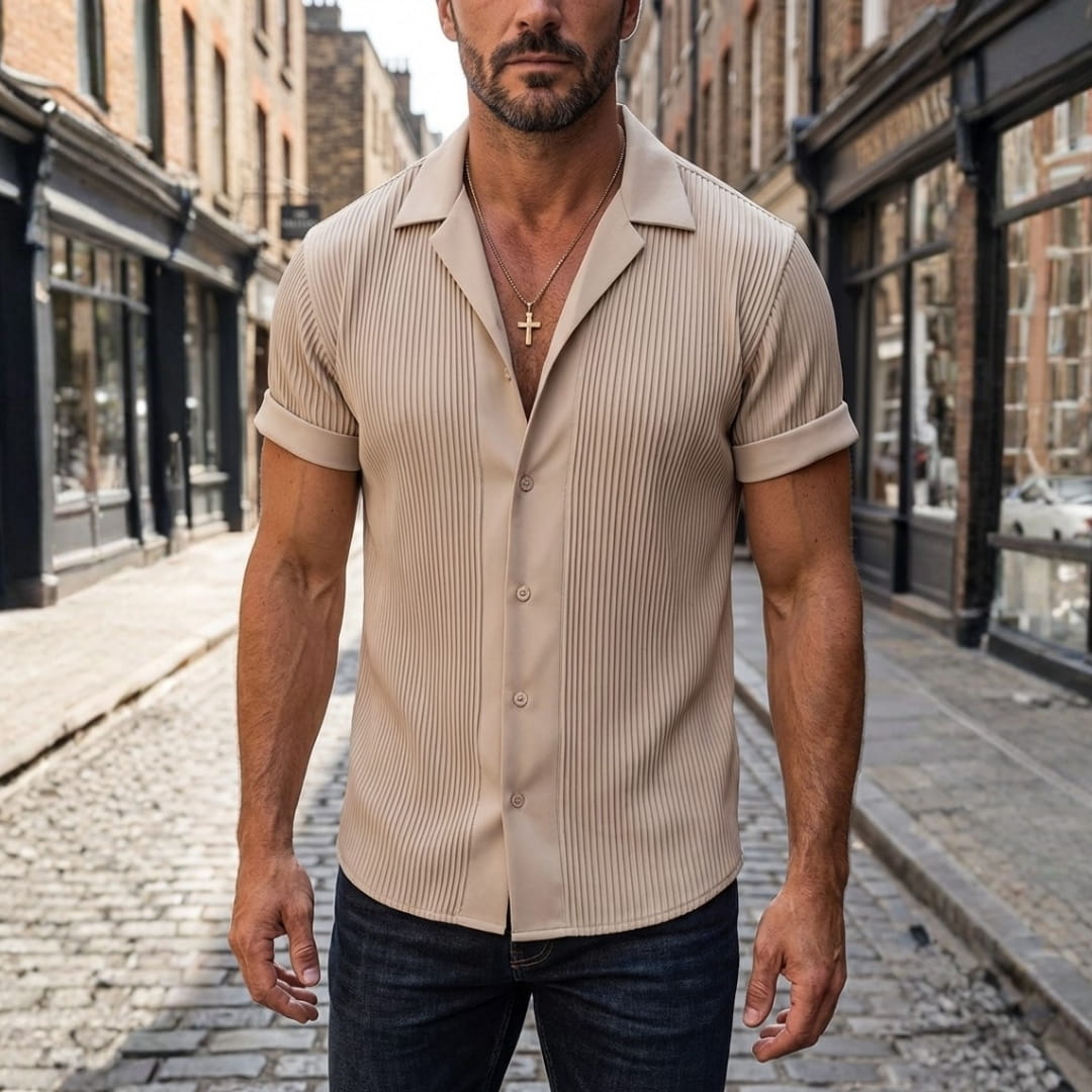 Nathaniel Satin Pleated Lapel Shirt — Short Sleeve Elegant Casual Top
