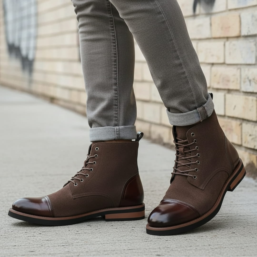 Vittorio Suede Cap-Toe Ankle Boots — Leather Panel Lace-Up Casual Dress Boots