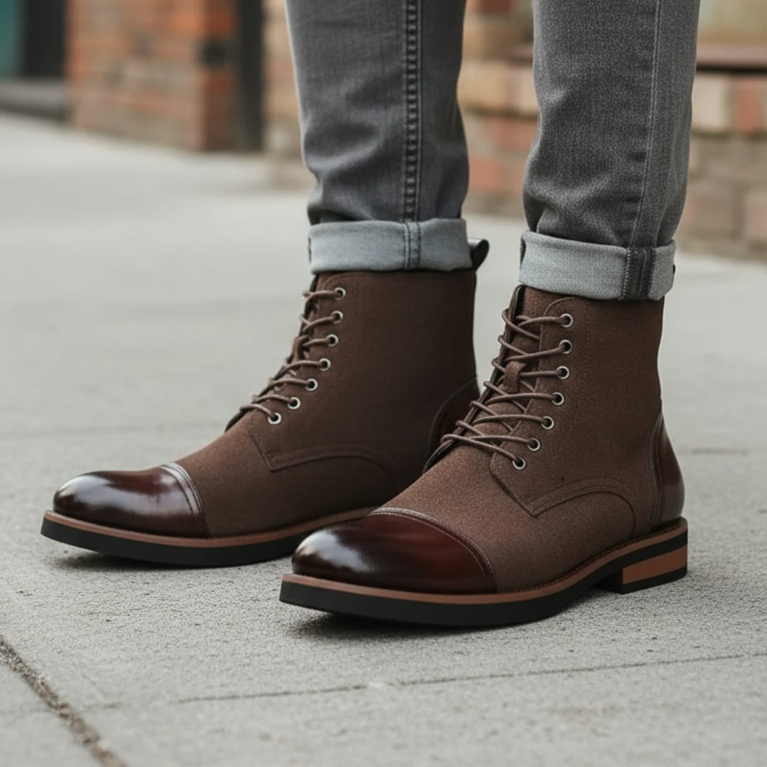 Vittorio Suede Cap-Toe Ankle Boots — Leather Panel Lace-Up Casual Dress Boots