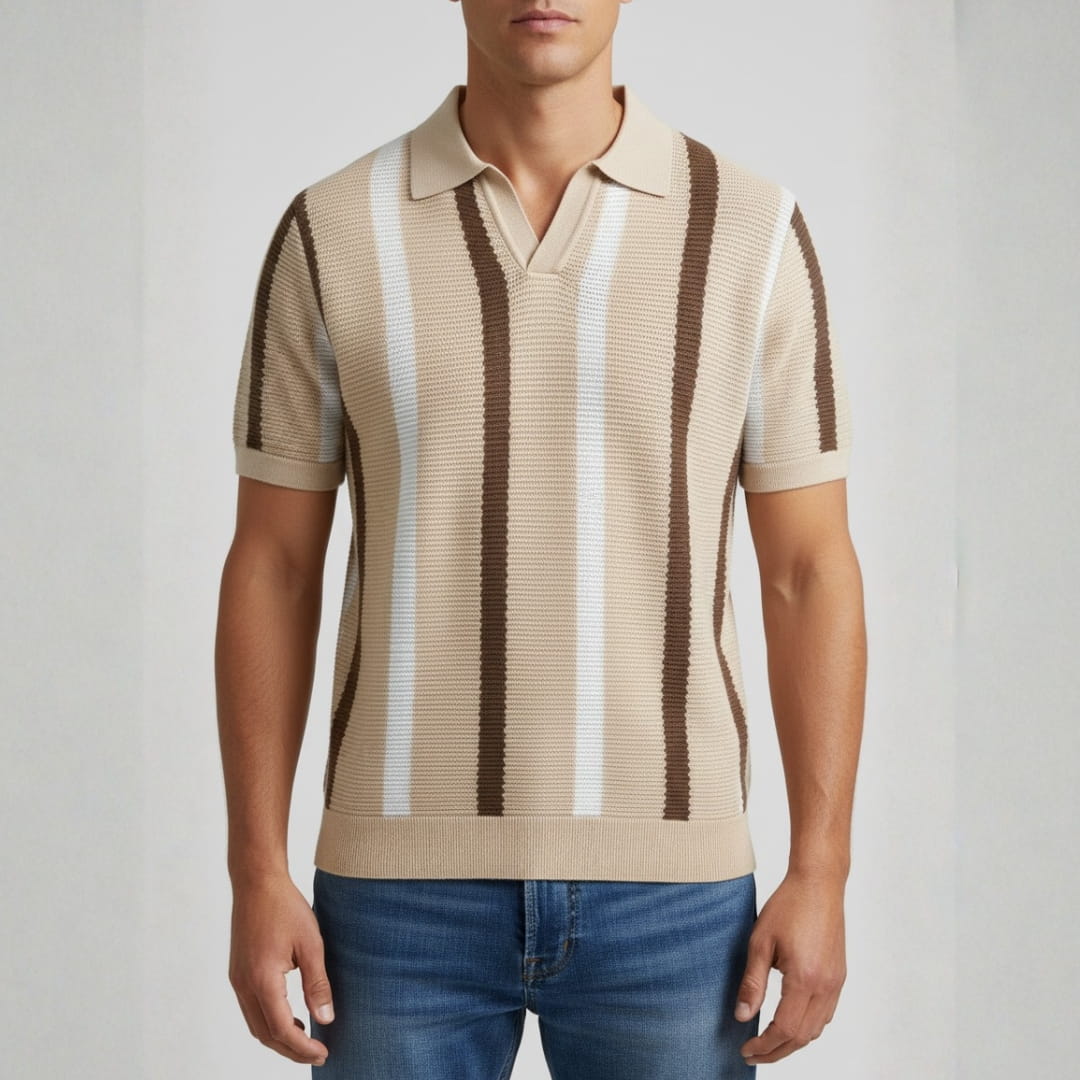 Riccardo Cotton Knit Polo Shirt — Textured Stripe Tailored Casual Top