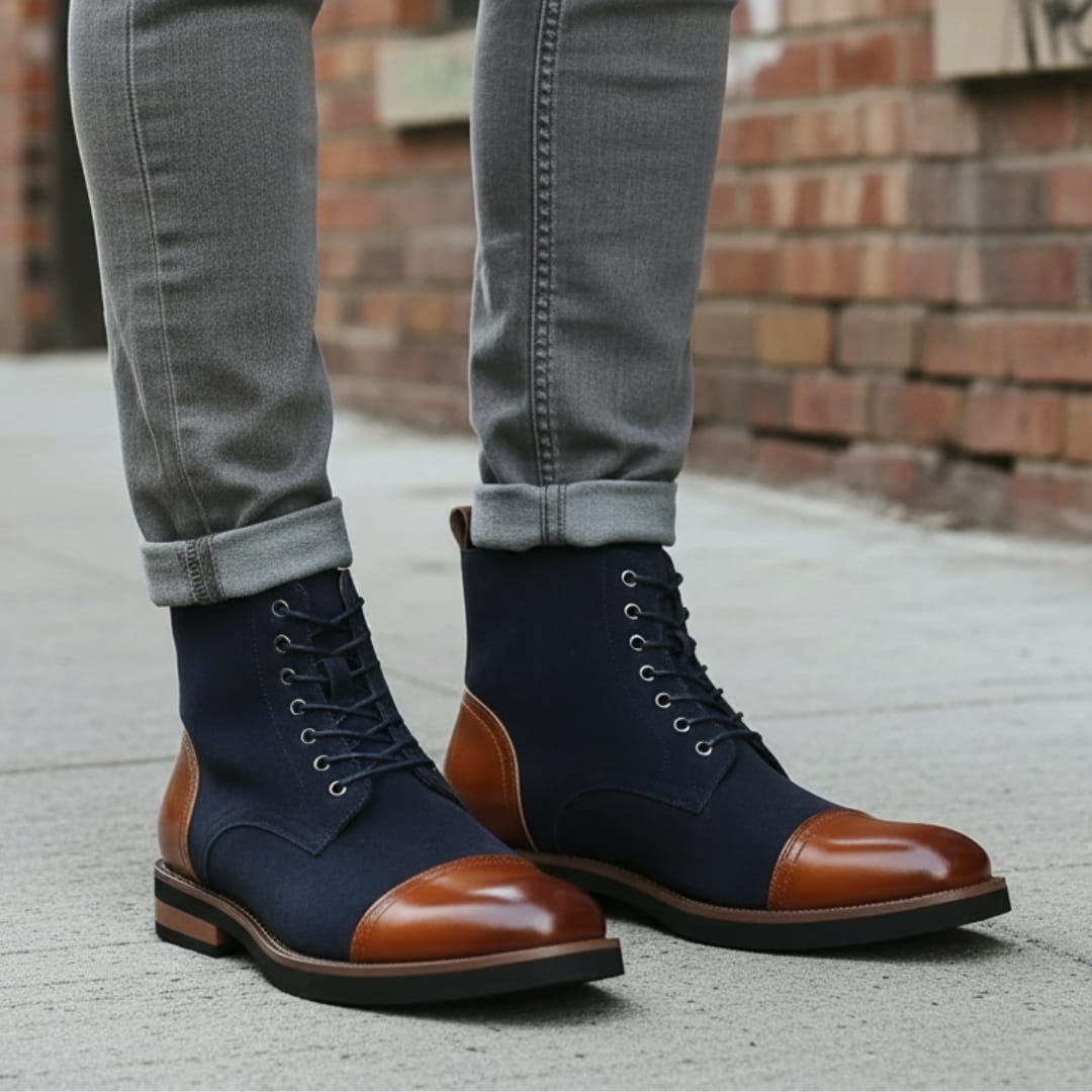Vittorio Suede Cap-Toe Ankle Boots — Leather Panel Lace-Up Casual Dress Boots