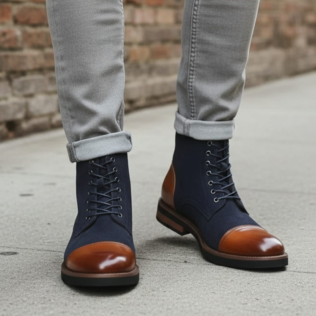 Vittorio Suede Cap-Toe Ankle Boots — Leather Panel Lace-Up Casual Dress Boots