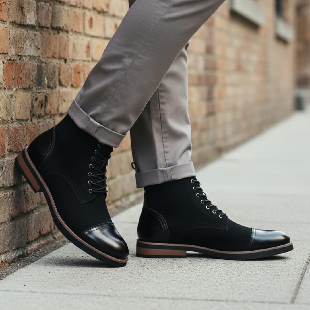 Vittorio Suede Cap-Toe Ankle Boots — Leather Panel Lace-Up Casual Dress Boots