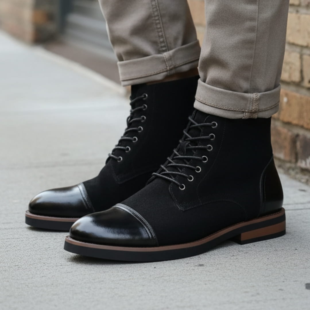 Vittorio Suede Cap-Toe Ankle Boots — Leather Panel Lace-Up Casual Dress Boots