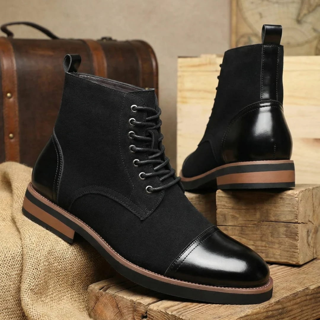 Vittorio Suede Cap-Toe Ankle Boots — Leather Panel Lace-Up Casual Dress Boots