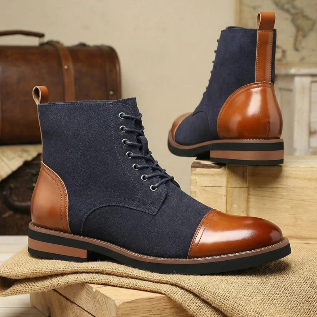Vittorio Suede Cap-Toe Ankle Boots — Leather Panel Lace-Up Casual Dress Boots