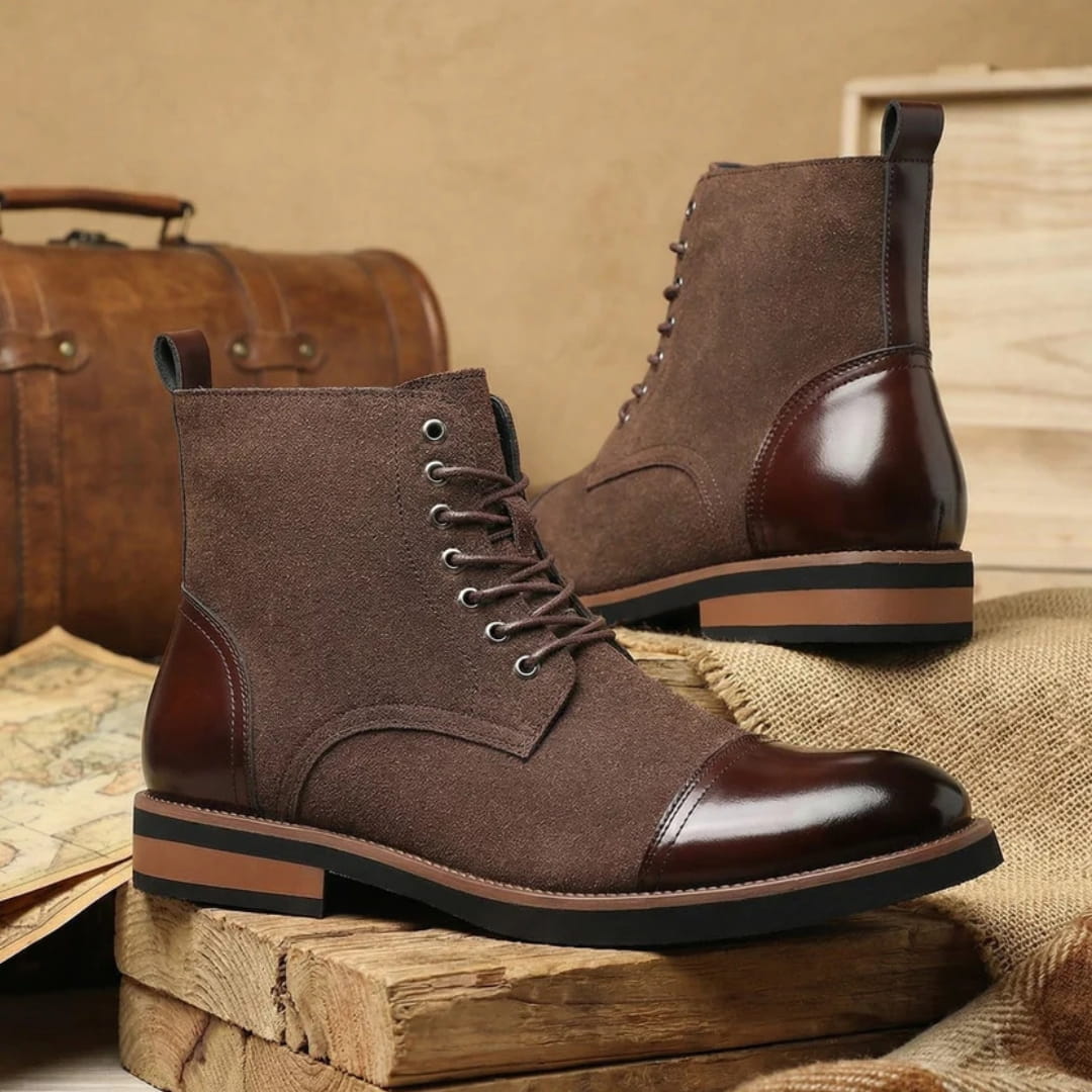 Vittorio Suede Cap-Toe Ankle Boots — Leather Panel Lace-Up Casual Dress Boots