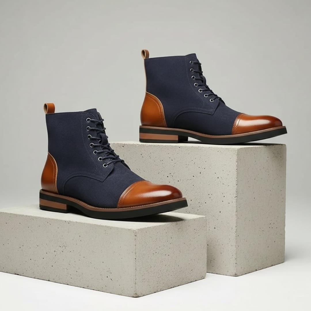 Vittorio Suede Cap-Toe Ankle Boots — Leather Panel Lace-Up Casual Dress Boots