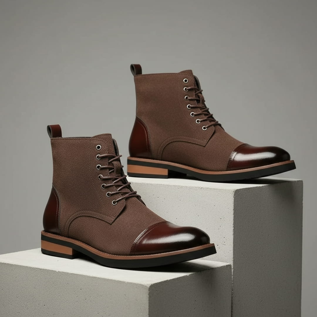Vittorio Suede Cap-Toe Ankle Boots — Leather Panel Lace-Up Casual Dress Boots