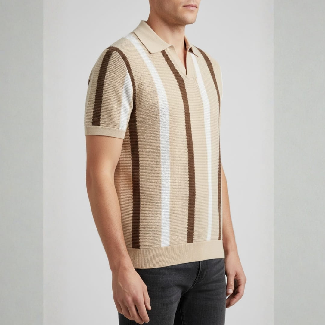 Riccardo Cotton Knit Polo Shirt — Textured Stripe Tailored Casual Top