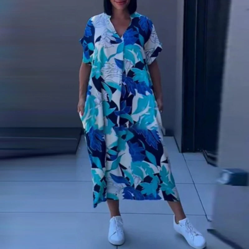 Nika Printed Linen Shirt Dress – Relaxed Fit Midi Dress with Artistic Summer Print