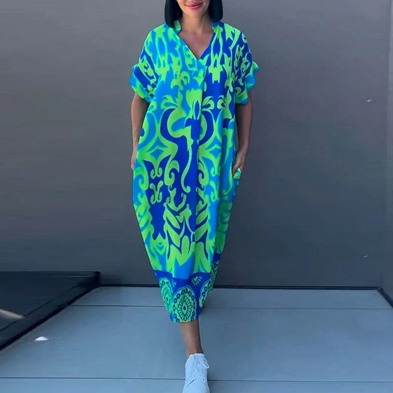 Nika Printed Linen Shirt Dress – Relaxed Fit Midi Dress with Artistic Summer Print