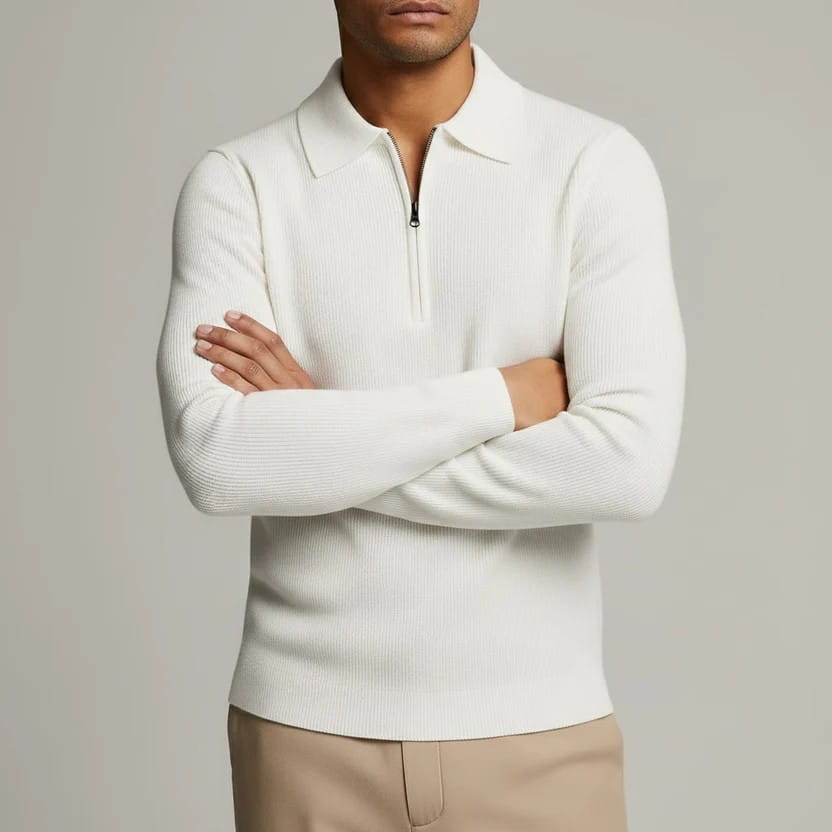Roderick Men’s Knit Sweater – Waffle Texture Quarter-Zip Polo Shirt