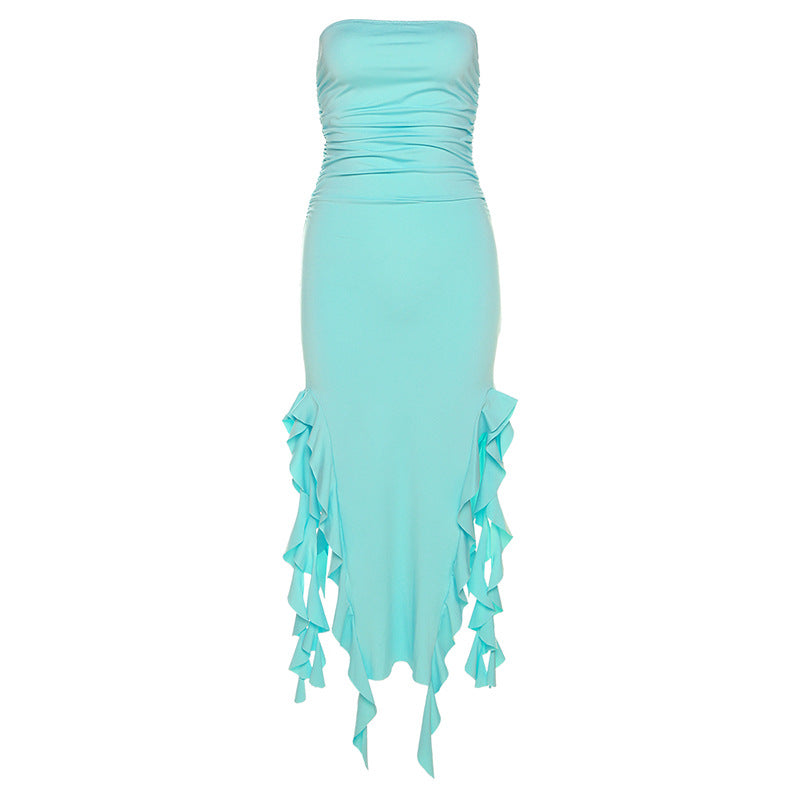 Solid Ruffle Ribbon Backless Midi Dress