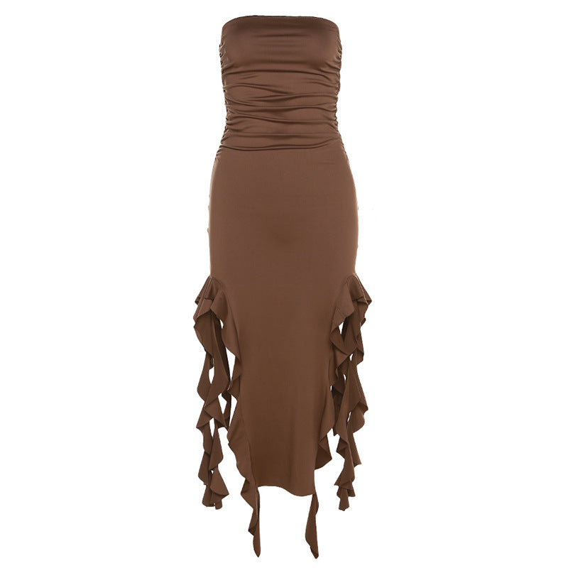 Solid Ruffle Ribbon Backless Midi Dress