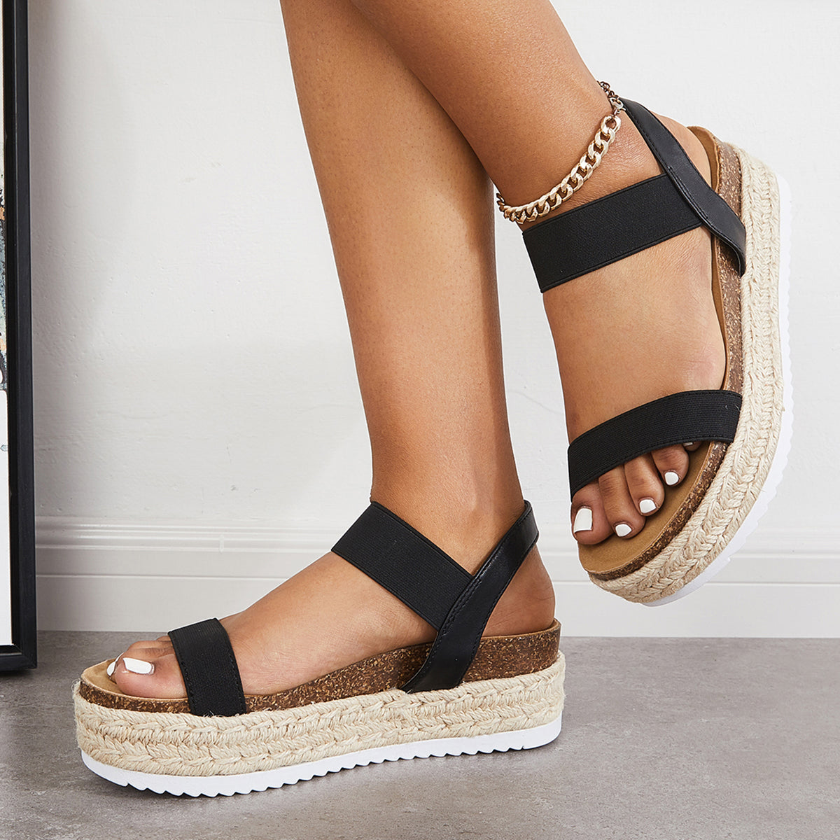 Open Toe Espadrille Platform Sandals Cork Elastic Strap Sandals