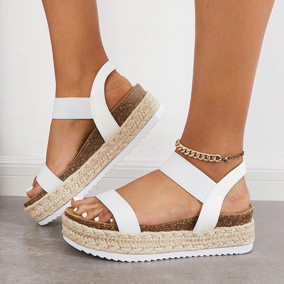 Open Toe Espadrille Platform Sandals Cork Elastic Strap Sandals