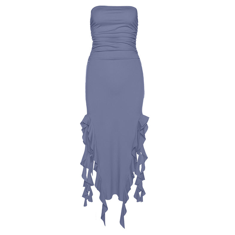 Solid Ruffle Ribbon Backless Midi Dress