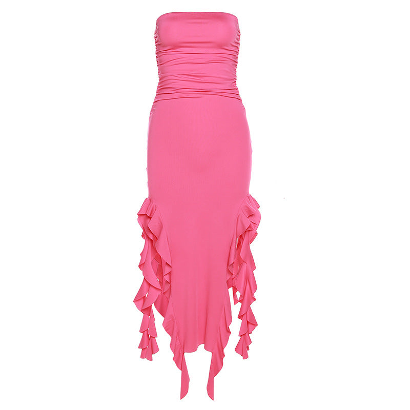 Solid Ruffle Ribbon Backless Midi Dress