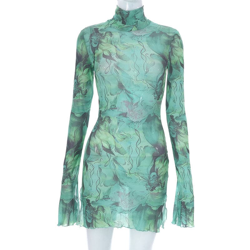 Sheer mesh see through print long sleeve mini dress