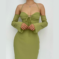Low Cut Off Shoulder Flared Sleeve Midi Dress