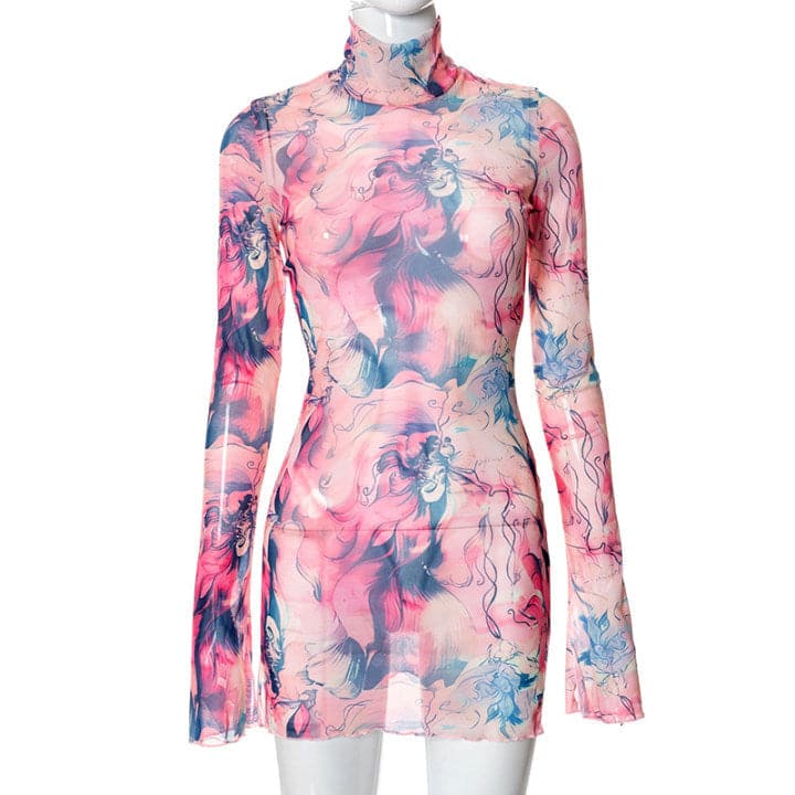 Sheer mesh see through print long sleeve mini dress