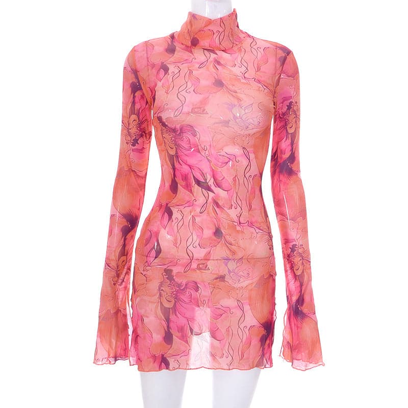 Sheer mesh see through print long sleeve mini dress