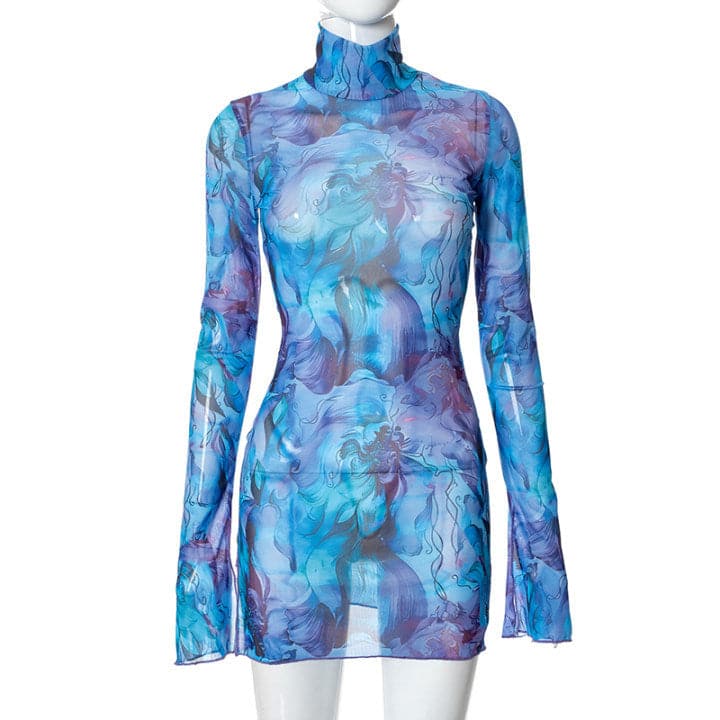 Sheer mesh see through print long sleeve mini dress