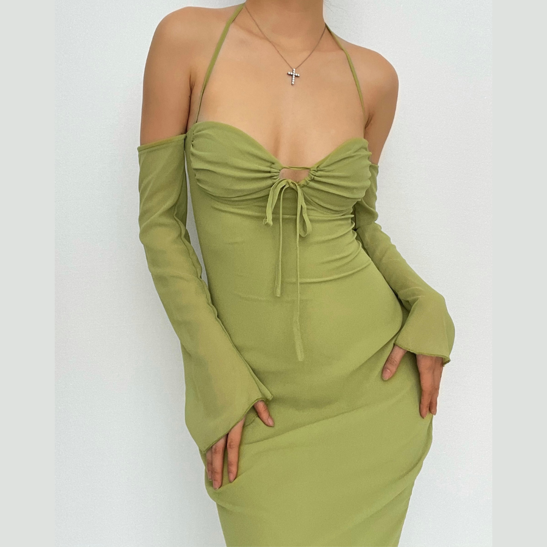 Low Cut Off Shoulder Flared Sleeve Midi Dress