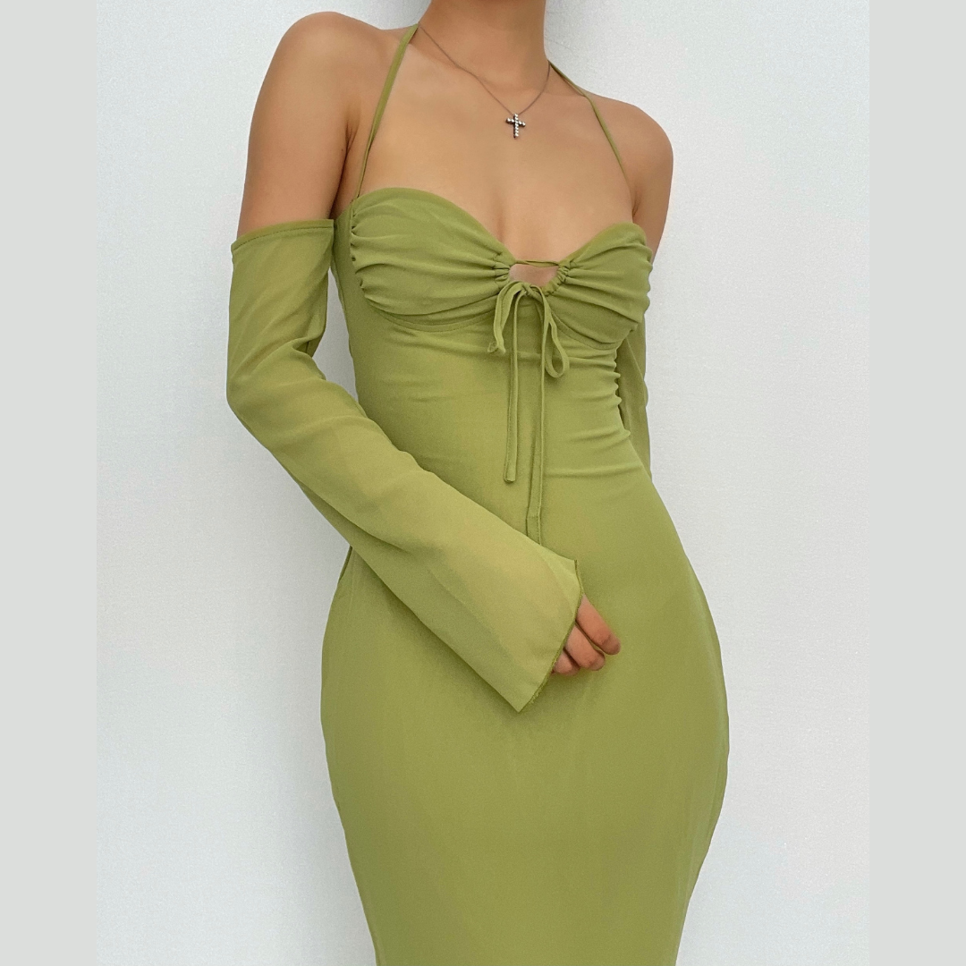 Low Cut Off Shoulder Flared Sleeve Midi Dress