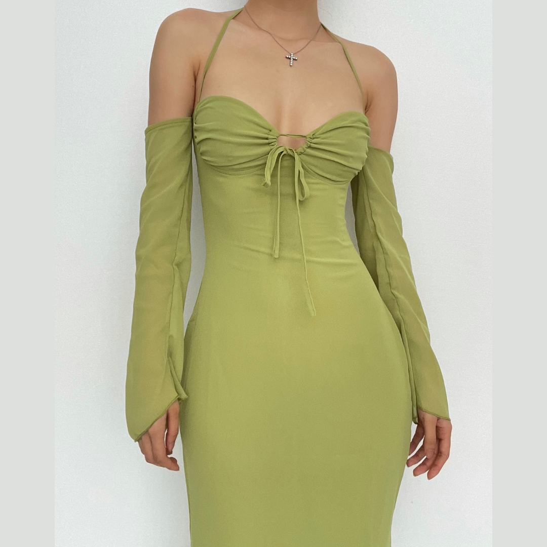 Low Cut Off Shoulder Flared Sleeve Midi Dress