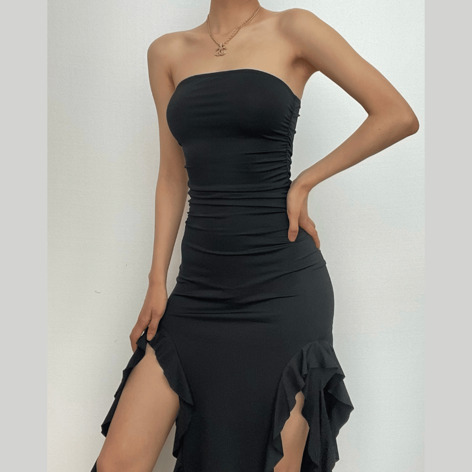 Solid Ruffle Ribbon Backless Midi Dress