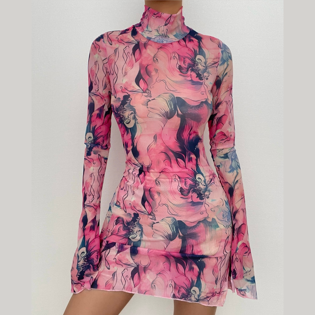 Sheer mesh see through print long sleeve mini dress
