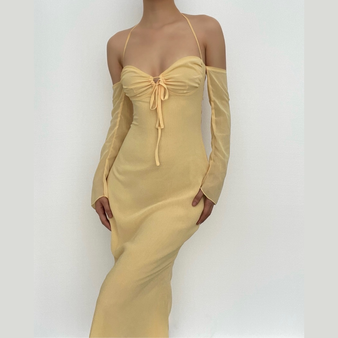 Low Cut Off Shoulder Flared Sleeve Midi Dress