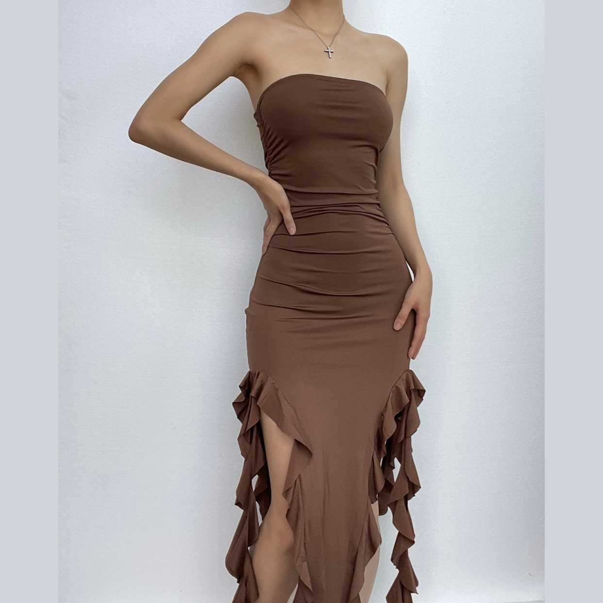 Solid Ruffle Ribbon Backless Midi Dress