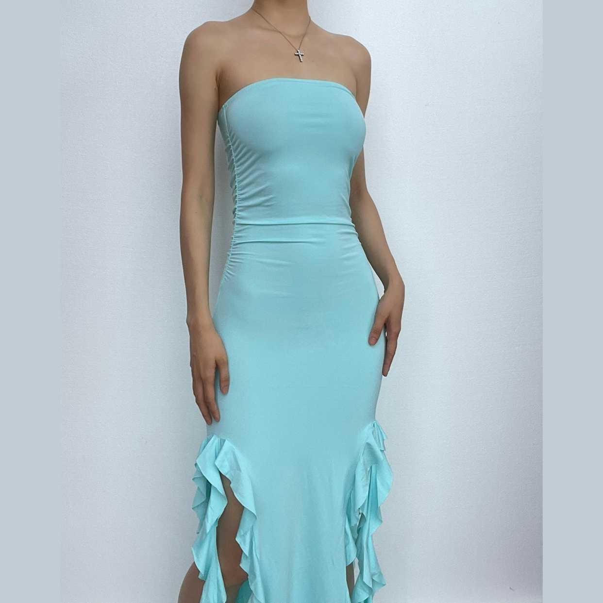 Solid Ruffle Ribbon Backless Midi Dress