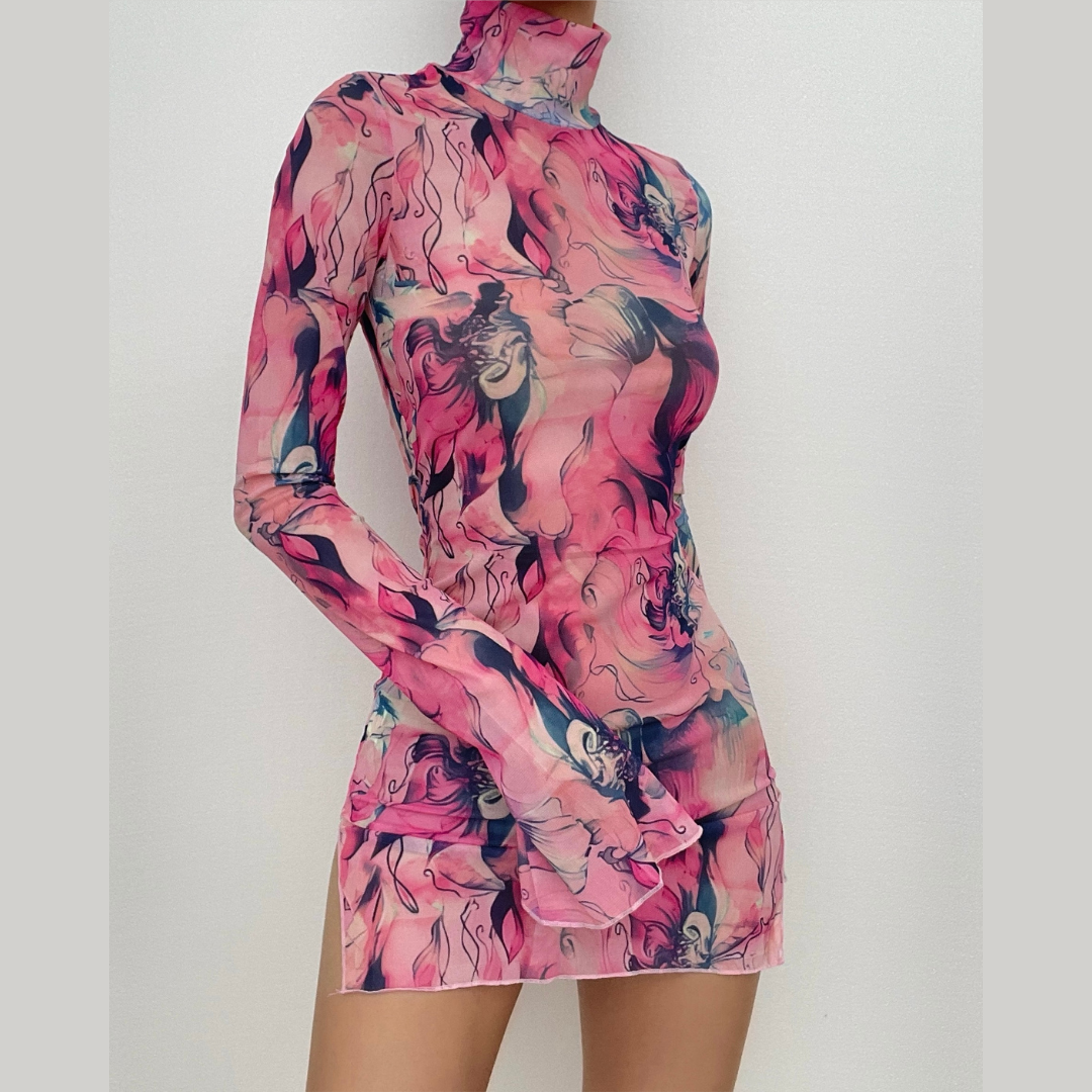 Sheer mesh see through print long sleeve mini dress