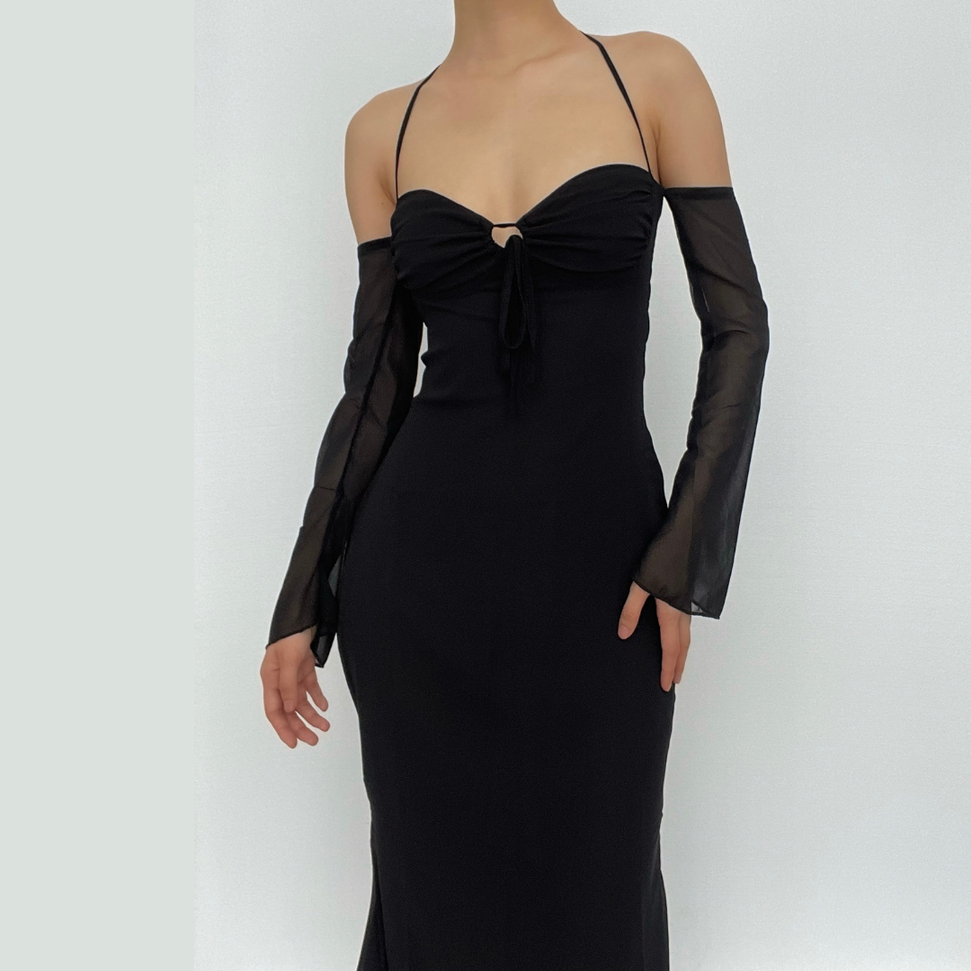 Low Cut Off Shoulder Flared Sleeve Midi Dress