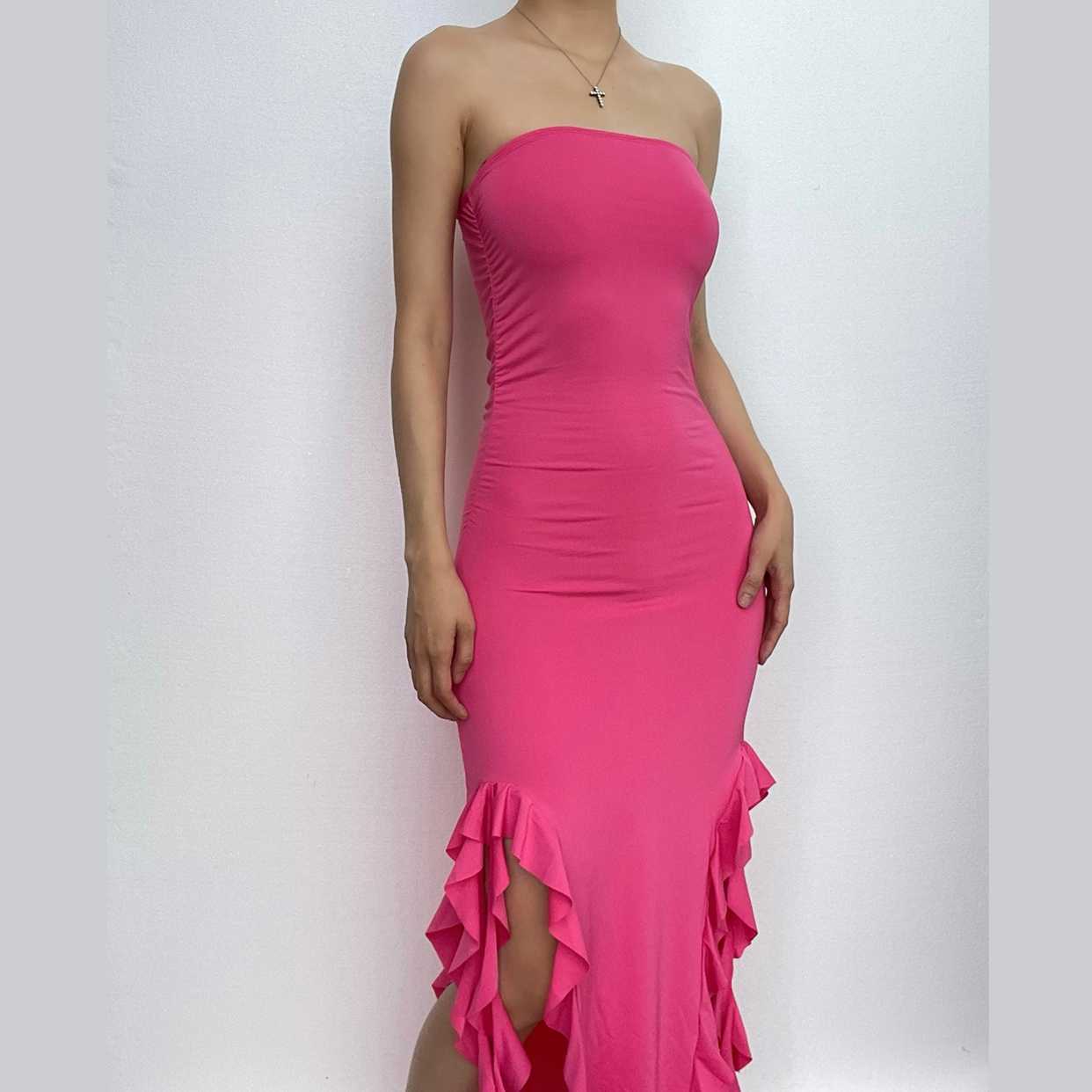 Solid Ruffle Ribbon Backless Midi Dress