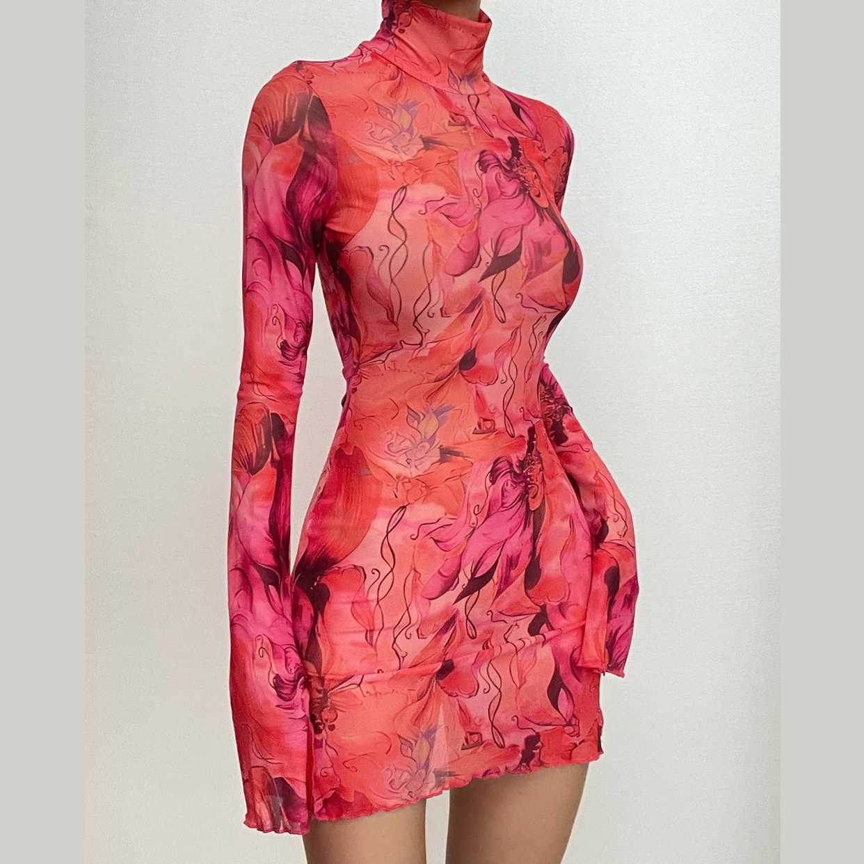 Sheer mesh see through print long sleeve mini dress