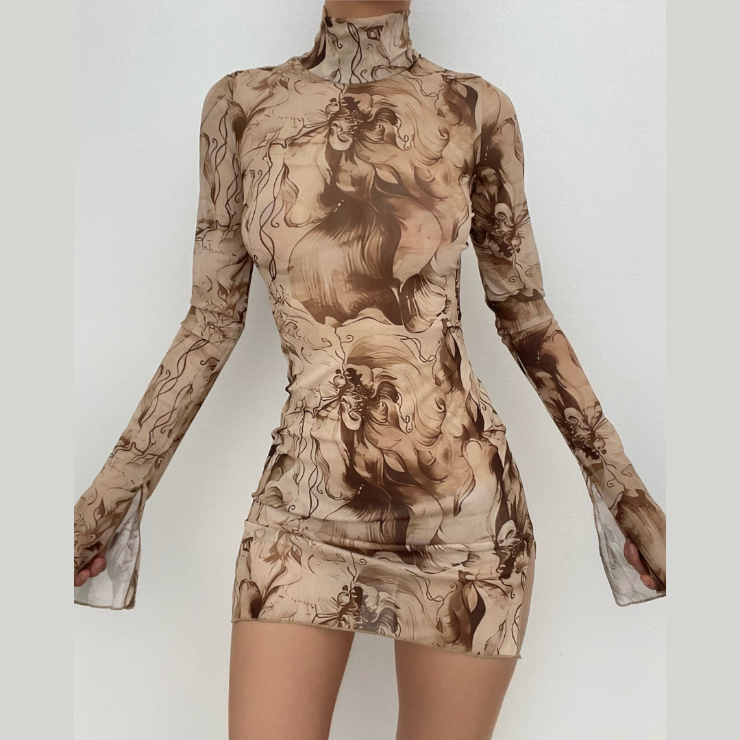 Sheer mesh see through print long sleeve mini dress