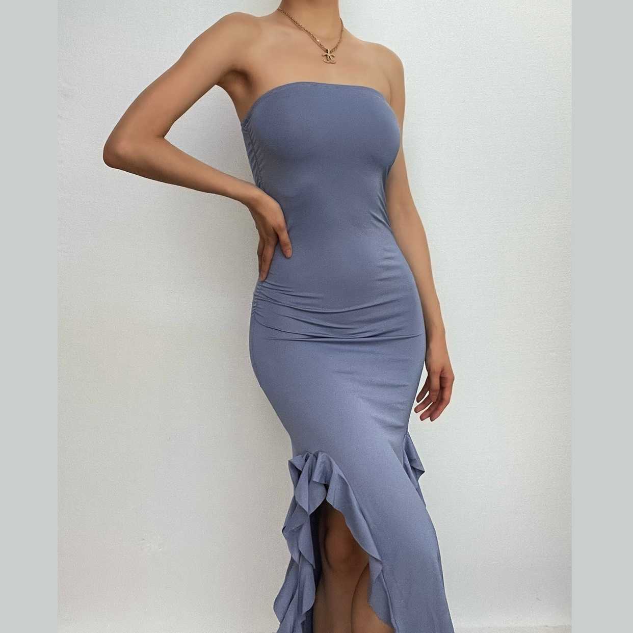 Solid Ruffle Ribbon Backless Midi Dress