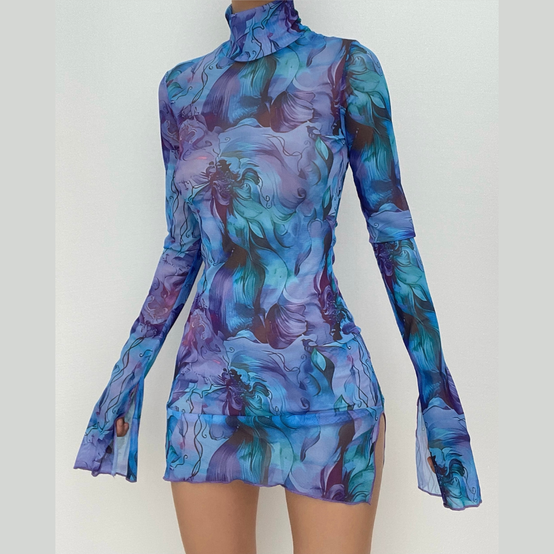 Sheer mesh see through print long sleeve mini dress