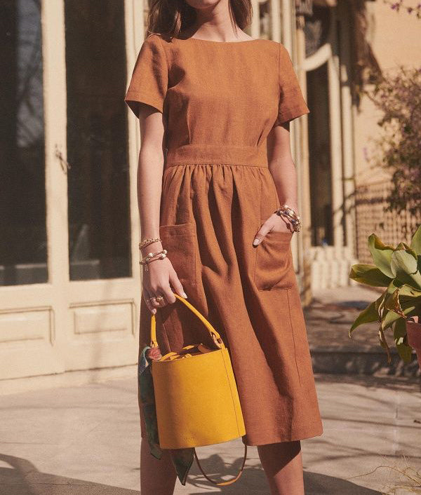 Cotton linen backless short sleeve dress