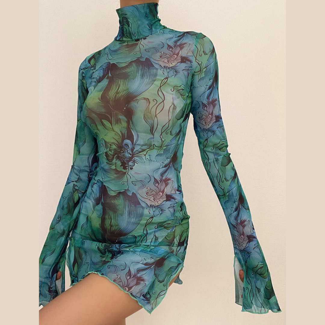 Sheer mesh see through print long sleeve mini dress