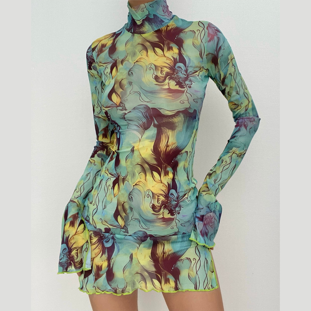 Sheer mesh see through print long sleeve mini dress