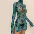 Sheer mesh see through print long sleeve mini dress