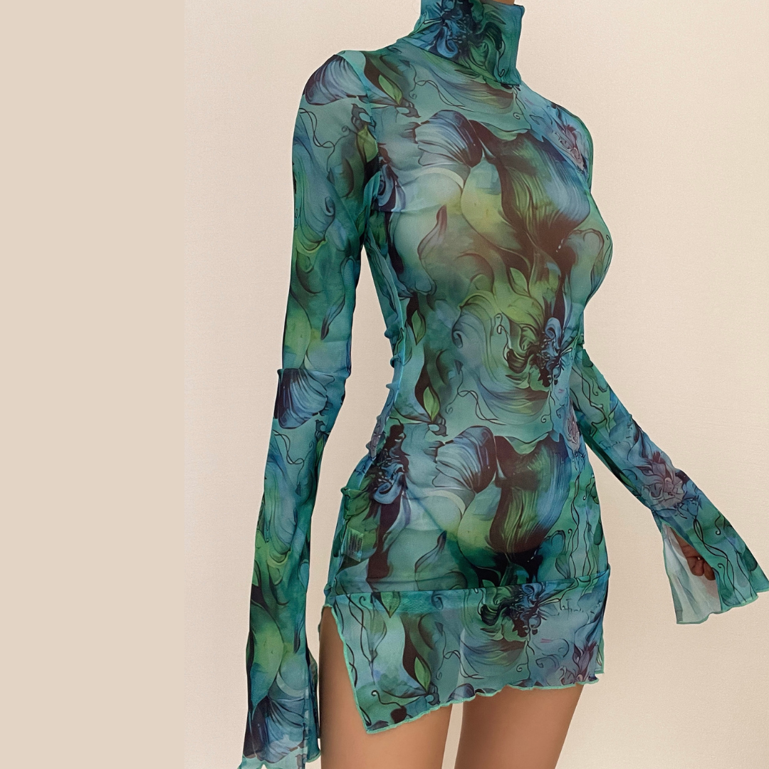 Sheer mesh see through print long sleeve mini dress