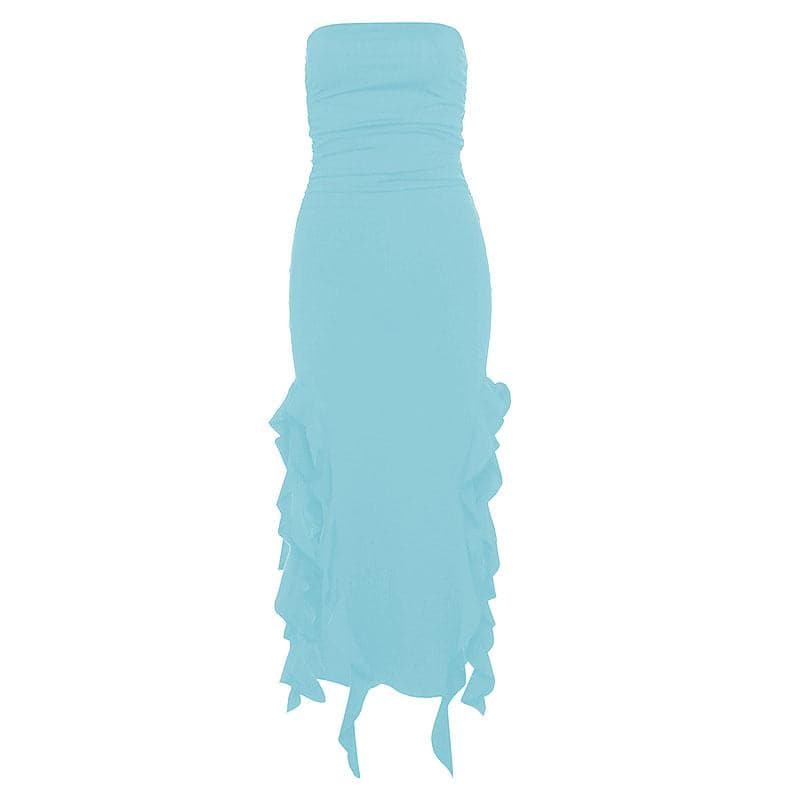 Solid Ruffle Ribbon Backless Midi Dress