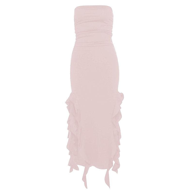 Solid Ruffle Ribbon Backless Midi Dress